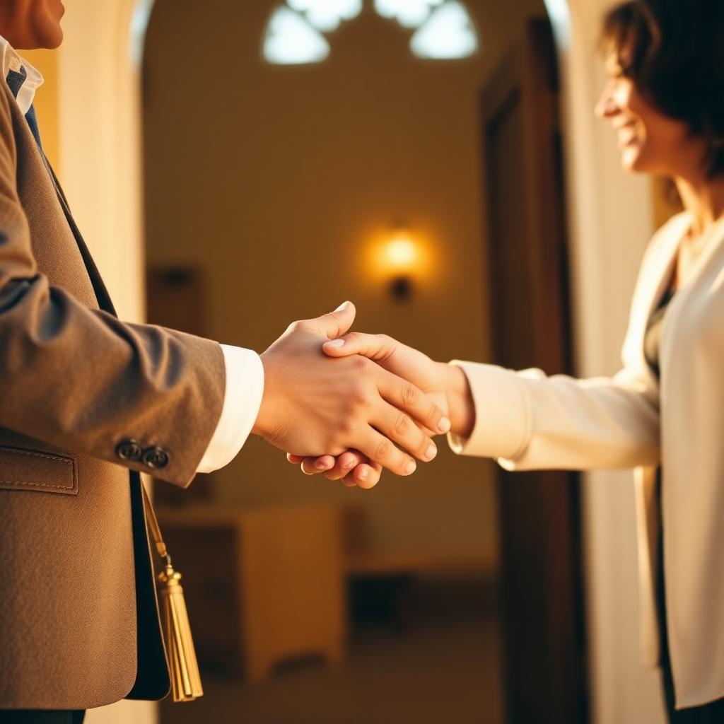 Church greeter warmly welcoming a visitor at the door